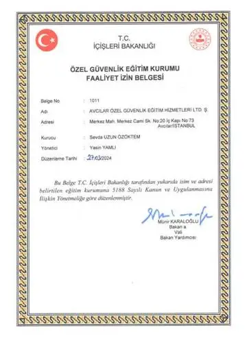 Avcılar Özel Güvenlik Eğitim Kurumu Resmi Faaliyet Belgesi