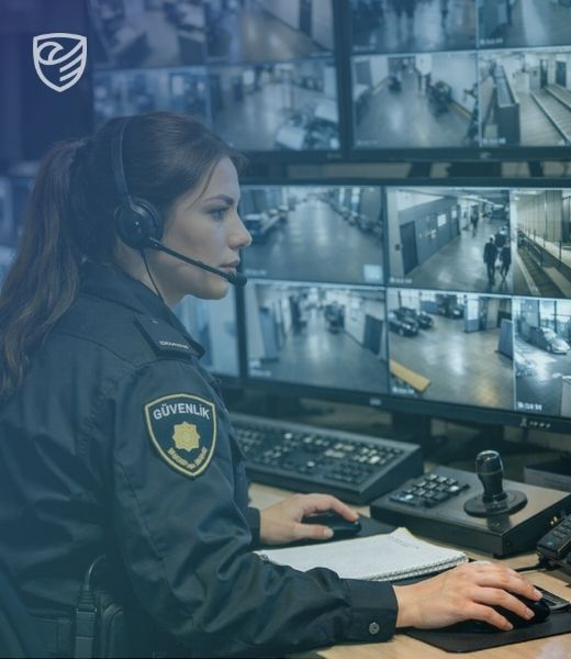 Alarm izleme merkezinde görev yapan bir güvenlik görevlisi